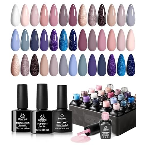 Beetles Gel Nail Polish Kit, 23Pcs Nude Pink Gel Polish White Gray Baby Blue Glitters Nail Polish Set with Glossy Matte Top Coat and Base Coat Fall Winter U V Soak Off Manicure Gift For Women