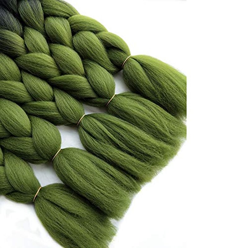 Ombre Color Synthetic Braiding Hair Extensions - 24 Inch Jumbo Braids | Black to Olive Green, 5 Packs for Crochet Twist Box Braids