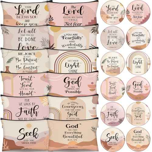 Geelin 24 Pcs Christian Gifts Bulk for Women 12 Religious Canvas Makeup Bags 12 Boho Bible Verse Compact Mirrors Inspirational Church Party Gifts for Women Mother Sister
