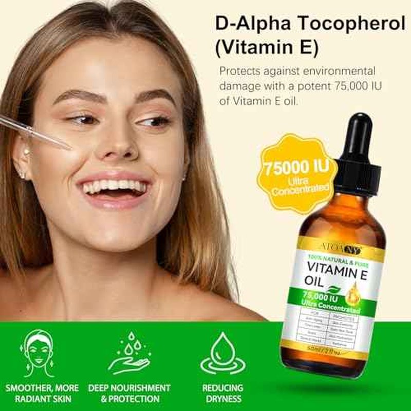 Vitamin E Oil, Pure Vitamin E Oil, Vitamin E Oil Blend 75,000 IU for Plump Skin, Reduce Fine Lines & Scars, Moisturizing Skin, for Skin, Scars, Face & Full Body- 2Fl Oz