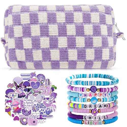 Preppy Checkered Makeup Bag Set with 7 Pcs Friendship Bracelets and 50 Purple Stickers Cute Cosmetic Travel Pouch Teen Girls' Gifts Perfect for Skincare Supplies Birthday Gift Idea, 58 Pcs