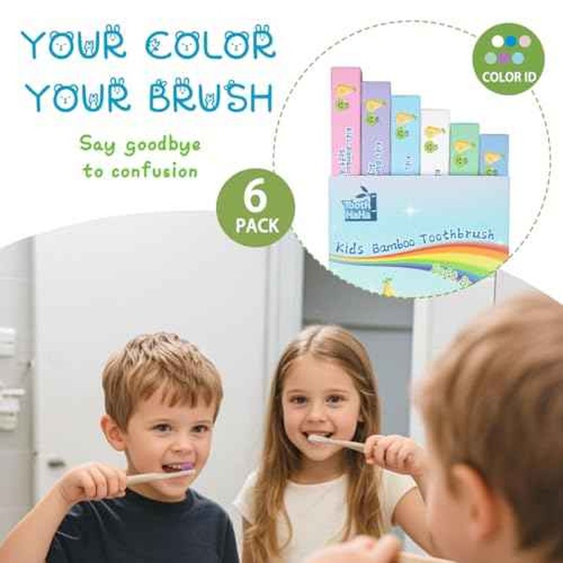 Kids Bamboo Toothbrushes, BPA-Free Soft Bristles, Eco-Friendly Natural Wooden Toddler Toothbrush, 6-Pack Travel Toothbrushes Set for Children