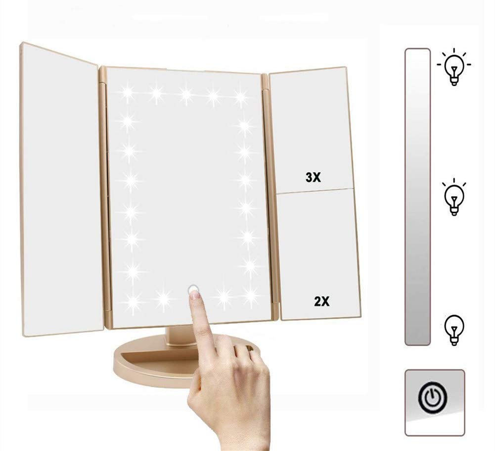 Infitrans Trifold Makeup Mirror Vanity Mirror with Lights,1X 2X 3X Magnification,Touch Control,Adjustable Rotation,Dual Power Supply,Portable Travel Cosmetic Mirror,Birthday Gifts for Women,Teengirls