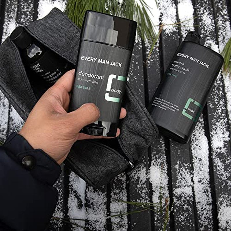 Every Man Jack Sea Salt Bath and Body Gift Set - Perfect for Every Guy - Three Grooming Essentials with Clean Ingredients - Body Wash, 2-in-1 Shampoo + Conditioner, Deodorant + Bonus Dopp Bag