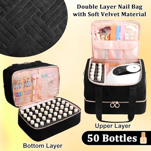 Nail Polish Organizer Bag Holds 50 Bottles (15ml/0.5fl.oz)& Nail Lamp, Soft Velvet Nail Kit Storage Carrying Case with Shoulder Strap, Double Layer Nail Supplies Organizer Handbag Women Black