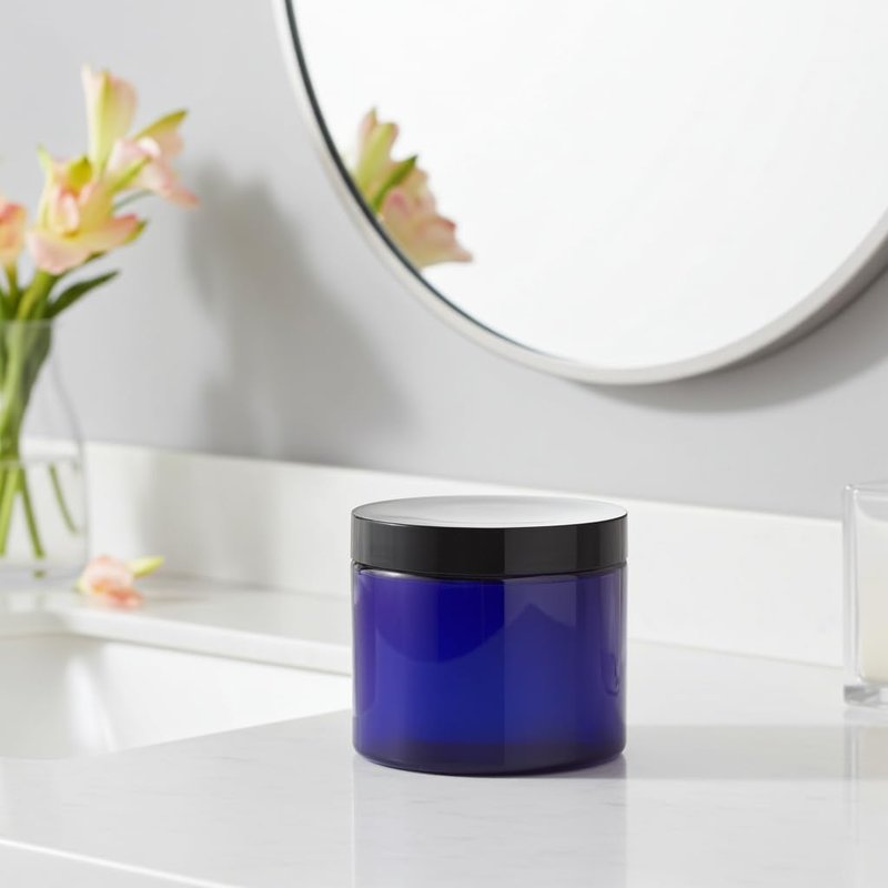 JUVITUS Refillable 16 oz Cobalt Blue PET Plastic Jar - BPA Free with Black Lid | 12 Pack