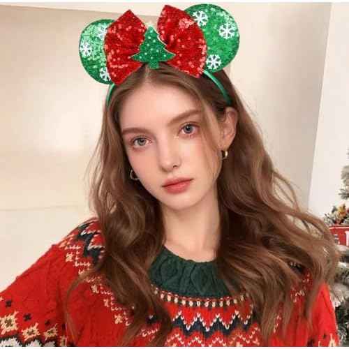 WOVOWOVO Christmas Mouse Ears Headbands for Women Girls, Bow Decoration Hairbands Red Sequin and White Snowflake Headband Party Cosplay Hair Accessories Costume, 2 Pack