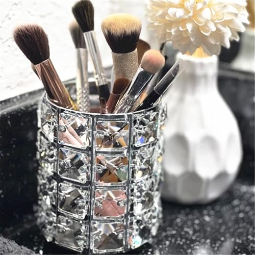 LUGUNU Makeup Brush Holder with Silver Crystal Bling ? Elegant Vanity Organizer for Brushes, Pens & Pencils, Ideal for Bathroom or Office Countertop(2Pack)