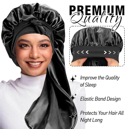 2Pcs Bonnets for Black Women Braid Bonnet, Large Long Satin Bonnet for Braids, Silk Bonnet with Stretchy Tie Band Sleep Cap Hair (2Pcs-Black&Leopard)
