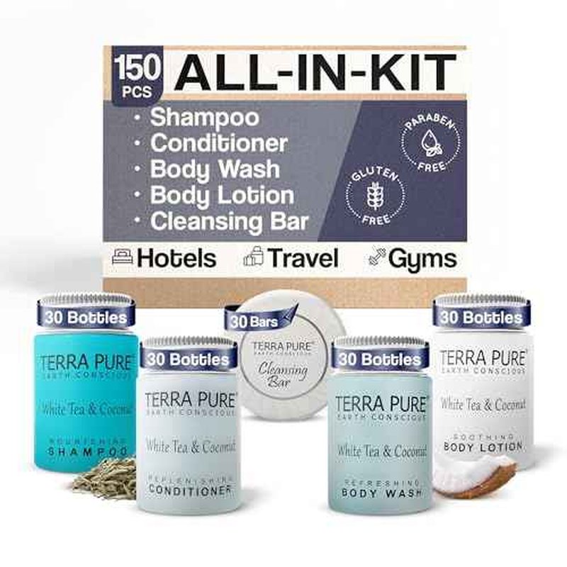 Terra Pure White Tea & Coconut Toiletries Set | 1-Shoppe Amenities Kit | 1oz Shampoo & Conditioner, Body Wash, Lotion, 1.25oz Bar Soap | Travel Size | 150 Pieces