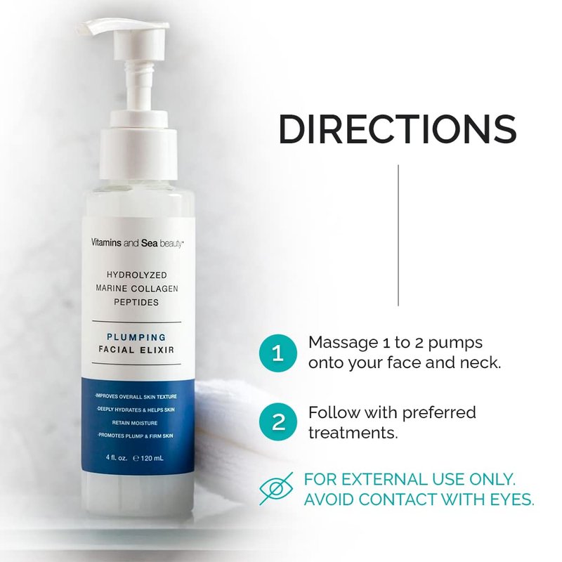 Plumping Facial Elixir with Hydrolyzed Marine Collagen & Peptides - 4 fl oz | Vitamins and Sea Beauty