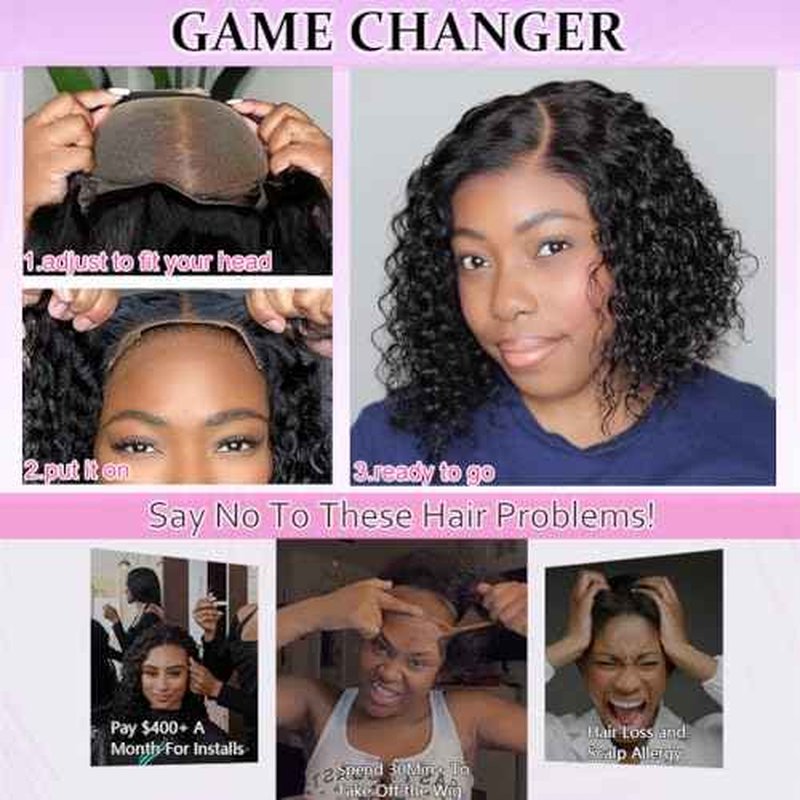 Left Side Part Bob Wig Human Hair Glueless Wigs Human Hair Pre Plucked Pre Cut Hd Lace Closure Wear and Go Glueless Wig Short Black Curly Wig 12 Inch Brazilian Human Hair Wigs for Black Women