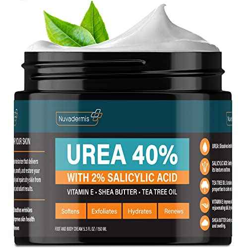 NUVADERMIS Urea Cream 40 Percent for Feet Maximum Strength - 40% Urea Foot Cream for Dry Cracked Heels and Feet - 2% Salicylic Acid, Shea Butter, Tea Tree Oil, Vitamin E - 5.3 fl oz