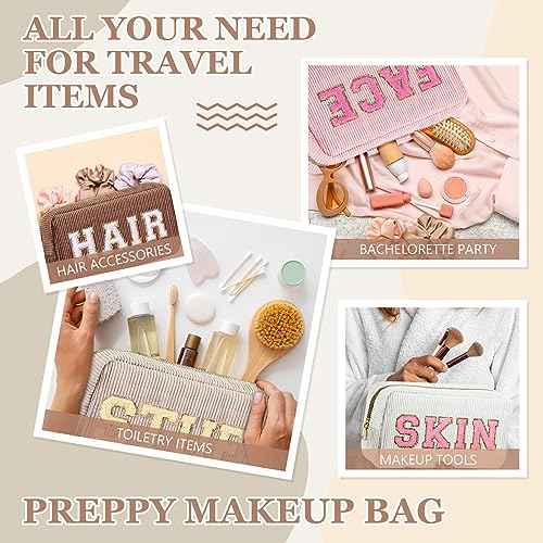 4 Pcs Travel Toiletry Bags for Women Preppy Makeup Bags Organizer Face Skin Hair Stuff Chenille Letter Pouch with Zipper Aesthetic Corduroy Skin care Hair Bag for Women Gifts