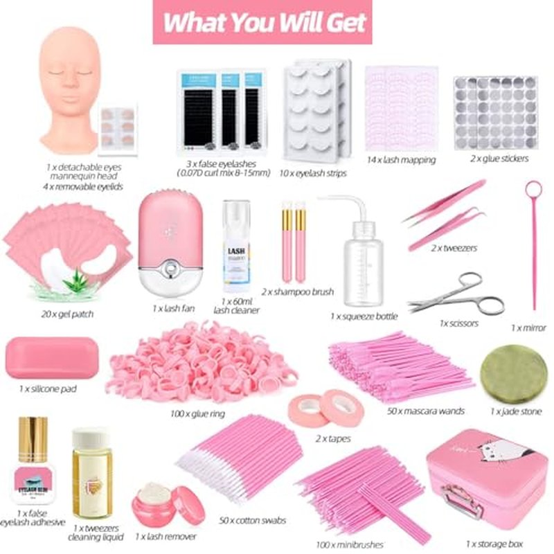 Lash Extension Kit Professional Eyelash Extensions Practice Set with Mannequin Head Removable Eyelids USB Lash Fan Individual False Eyelash Shampoo Brush Glue Practical Tools for Beginners