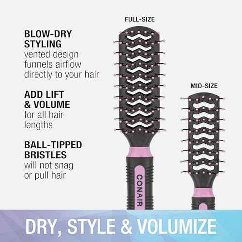 Conair Salon Results Vent Hairbrush Set - Detangling Hair brush - suitable for men and women - features Travel + Full-size - Pink/Black