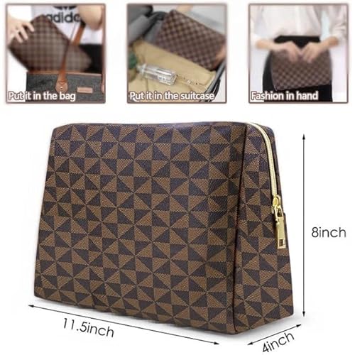 Leather Checkered Makeup Bag, 2 Pack Portable Cosmetic Bag, Large Capacity Waterproof Travel Toiletries Bag for Women, Christmas Gifts