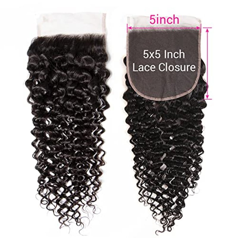 Brazilian Deep Wave 5x5 Lace Closure 100% Unprocessed Human Virgin Hair Deep Curly Free Part Closure Pre-Plucked Hairline Loose Deep Closure Natural Black Baby Hair (18inch, 5x5 deep wave closure)