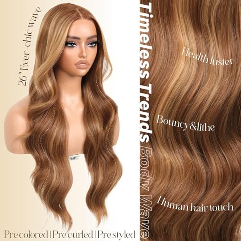Honey Blonde Body Wave Glueless Wigs With Bangs Synthetic Lace Front Wigs Pre Plucked Pre Cut HD Lace 13x5x1 Middle Part Wigs For Woman 26 Inch