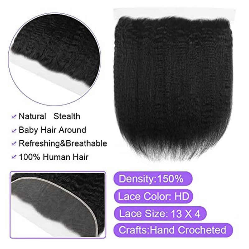 Kinky Straight 13x4 Ear To Ear HD Lace Frontal Closure 14 Inch 12A Brazilian Kinky Straight Human Hair Transparent Frontal Closure 150% Density Natural Hairline Pre Plucked