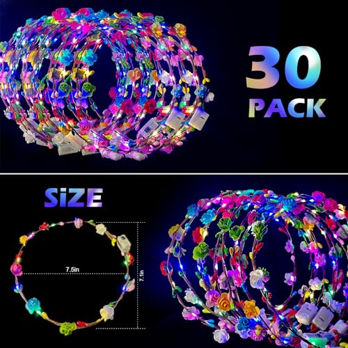 30 Pcs LED Flower Crowns Headbands,Flower Crowns For Women,Mardi Gras Light Up Headbands Tiara Flower Crown Accessories for Wedding Beach Party Birthday Cosplay Halloween Christmas Day