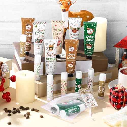 Demissle 12 Pcs Christmas Hot Cocoa Supplies Xmas Party Stuffers Christmas Stocking Favors Xmas Red Green Hand Cream and Lip Balm Gifts Set for Baby Shower Guests
