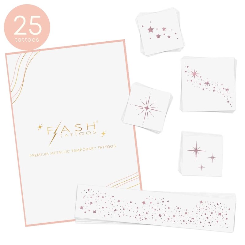 Flash Tattoos STARLIGHT VARIETY Pink Glitter Face Freckles and Body Tattoos – 25 Premium Celestial Metallic Patches with Cosmic Stars & Moons - Festival & Concert Makeup, Parties, Ethereal Beauty