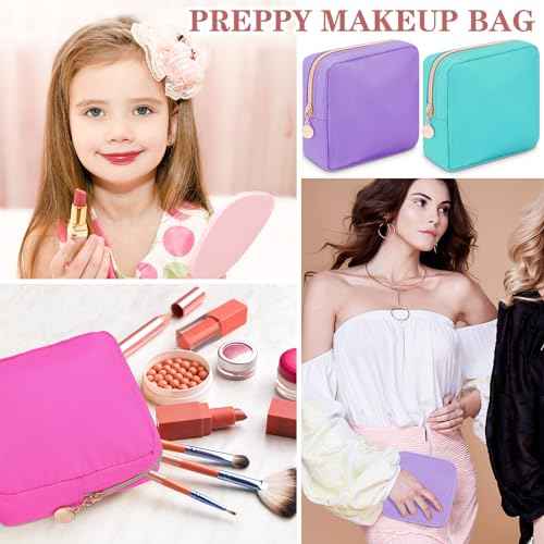 Hushee 4 Pcs Nylon Makeup Bag Preppy Zipper Pouch Waterproof Nylon Toiletry Storage Bag for Women(Mini,Black, Fuchsia, Mint, Grape)