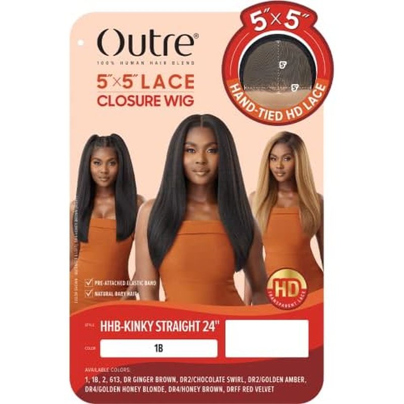 Outre - 5X5 Lace Closure Wig - Human Hair Blend - Kinky Straight 24" (OFF BLACK 1B)