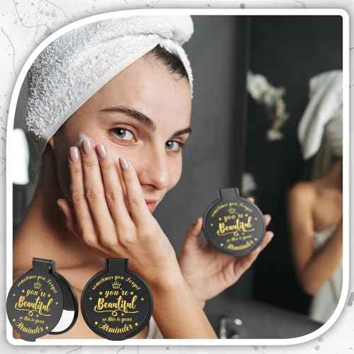 100 Pcs 2.76 Inch Inspirational Compact Mirror Bulk Party Favors Quinceanera Gift Purse Small Mirror Pocket Mini Gifts for Women Adult Coworker Halloween Christmas Friends (Black)