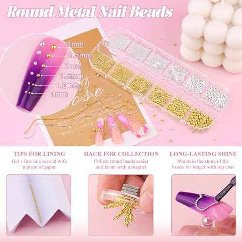 1-3MM Mini Small Nail Beads Metal Caviar Bead Silver Gold Nail Charms and Gems Ball, Nail Chain for Nail Art Accessories Supplies Gold Rhinestones for Women Manicure