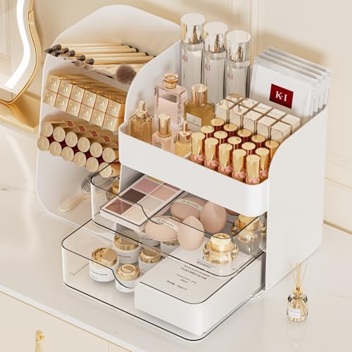 Makeup Organizer with Brush Holder for Vanity,Countertop Makeup Organizer with Drawers,Spacious Cosmetic Display Case,Perfect Storage Solution for Your Beauty Essential