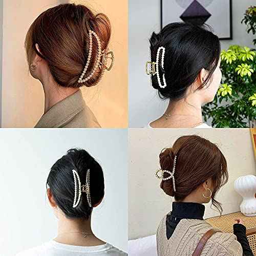 Large Pearl Hair Clips - 4.5 inch Zinc Alloy Banana Claw Clips for Thick Hair, Strong Hold Accessories for Women and Girls (3PCS)