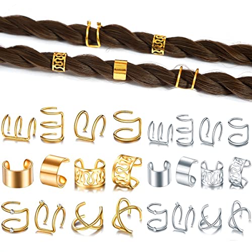24 Pcs Gold Silver Hair Braids Dreadlock Non-Piercing Ear Clip Beard Beads Cuffs Clip Hair Accessories Styling Fashion Jewelry Gift Toos for Women Men