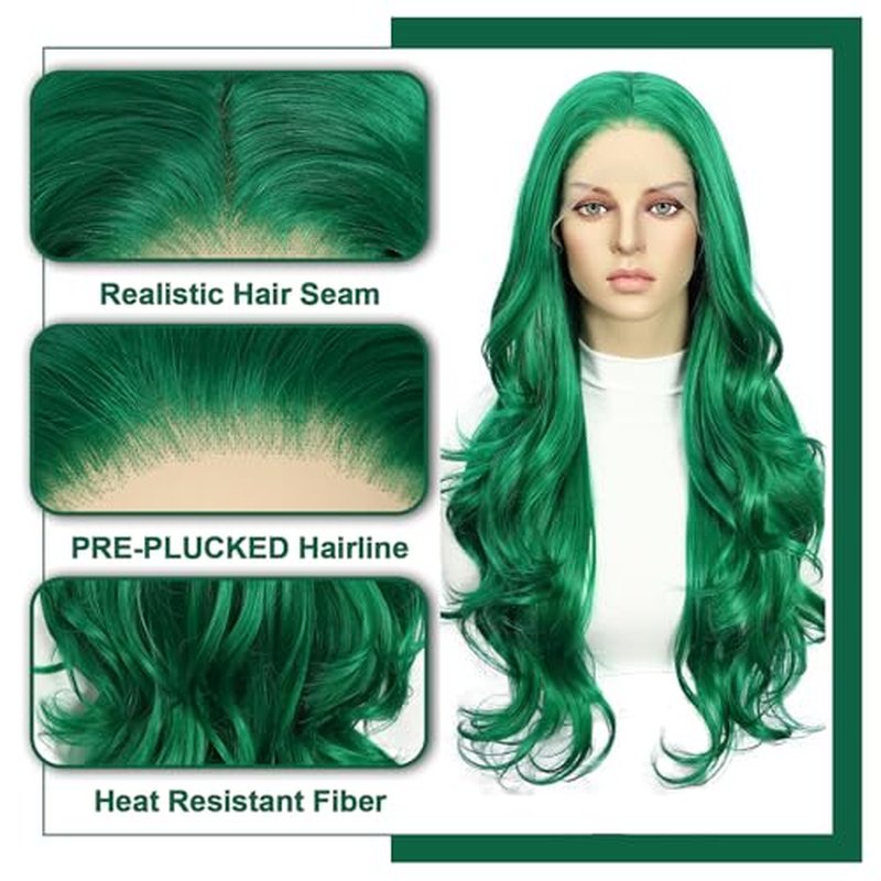 Dark Green Lace Front Wig 13x3 Synthetic Lace Front Wigs Loose Curly for Women 24 Inch Long Wavy Daily Party Use Body Wave Heat Resistant 150% Density