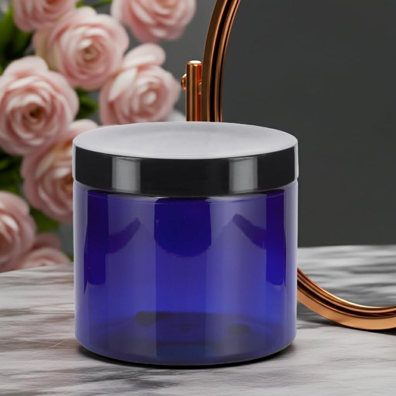 JUVITUS Refillable 16 oz Cobalt Blue PET Plastic Jar - BPA Free with Black Lid | 12 Pack