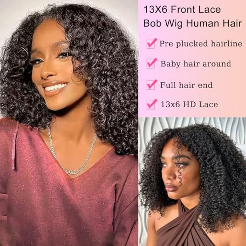 Curly Bob Wig Human Hair 13x6 Frontal Lace Wig Deep Curly Virgin Human Hair Wig Pre Plucked HD Transparent Lace Frontal Wigs for Women Natural Black 14 Inch