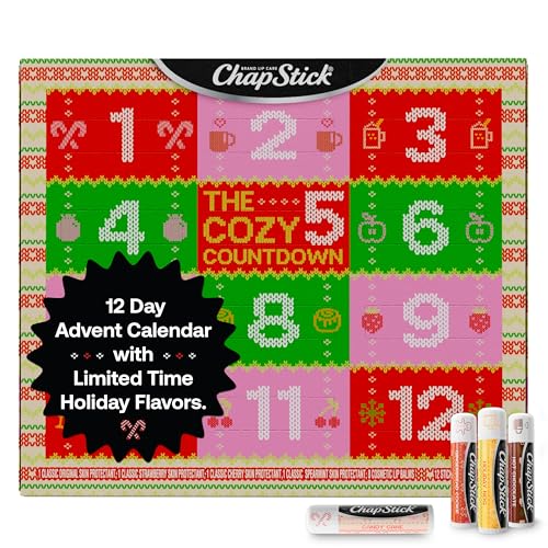 ChapStick 12 Days Advent Calendar Lip Balm Holiday Gift Set, Moisturizing Daily Lip Care For Dry, Chapped Lips, Soothing Hydration, Limited Edition Cozy Flavors, 12 Pack Variety, 0.15 OZ EA