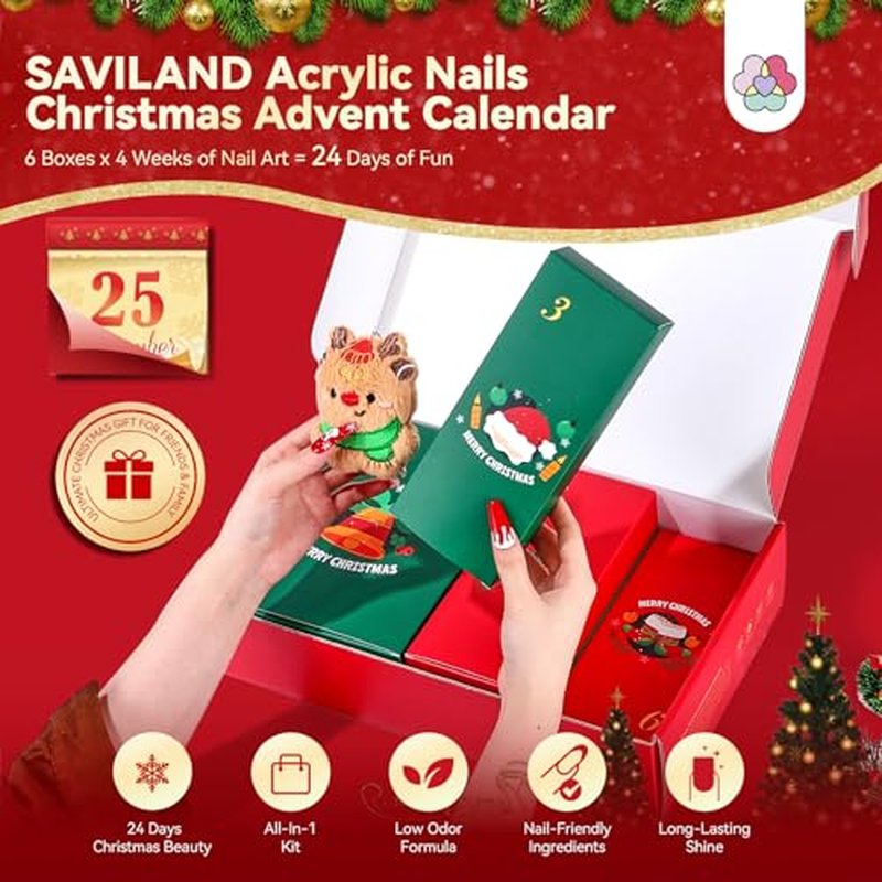SAVILAND Acrylic Nail Kit Christmas Advent Calendars: Premium Acrylic Nail Kit with Nail Drill Xmas Stickers 24 Days Christmas Manicure Gift Set For Women Girls Limited Winter Holiday Gifts
