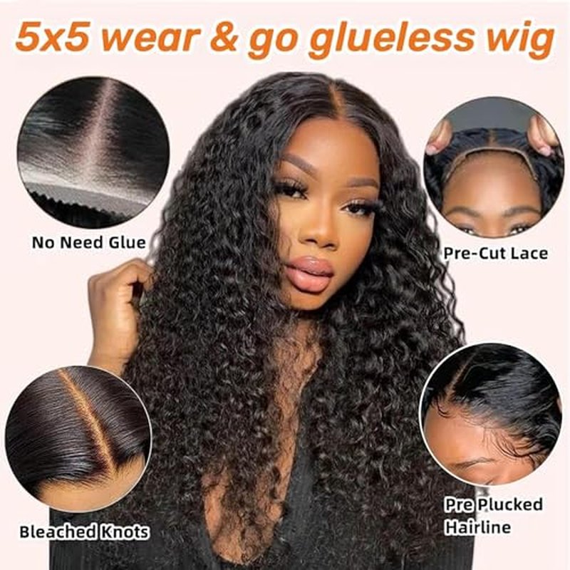 ONICE Glueless Wigs Human Hair Pre Plucked 5x5 HD Lace Closure Human Hair Wigs For Black Women 5x5 Curly Human Hair Wig Glueless Wear And Go Deep Wave Wig (Natural Black,10Inch)