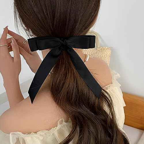 Ribbon Hair Bow Clips for Women and Girls - Black French Barrettes, Large Bowknot Hair Pins and Clips, 2 Pcs