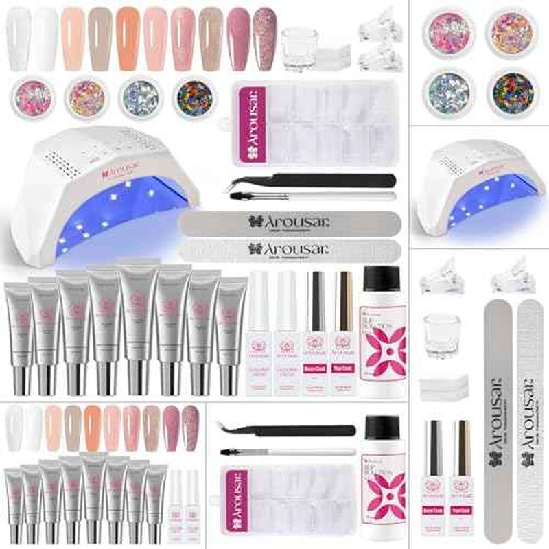 Poly Nail Gel Kit, 8 Colors Nail Extension Gel, White Nude Pink Glitter Builder Nail Gel with 2 Gel Polish, Base and Top Coat, Slip Solution, Nail Lamp DIY Salon at Home for Women