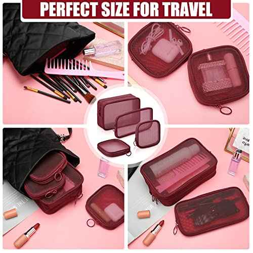 Weewooday 4 Pcs Mesh Makeup Bag Mesh Cosmetic Bag Travel Toiletry Pouch with Zipper Mini Makeup Cosmetic Purse for Daily Accessory(Small, Large, Medium,Wine Red)