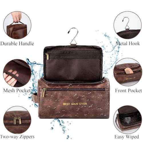 Flycalf Mens Toiletry Travel Bag Customized Mens Leather Toiletries Grooming Bag for Men Shaving Bag Hanging Water Resistant Organizer (Brown)
