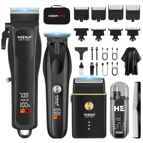 HIENA PRO Hair Clippers for Men Professional, Cordless Barber Clipper & T-Blade Beard/Hair Trimmer Set, Electric Razor Foil Shaver Nose Trimmer Barber Kit, Men's Hair Cutting Kit with LED Display