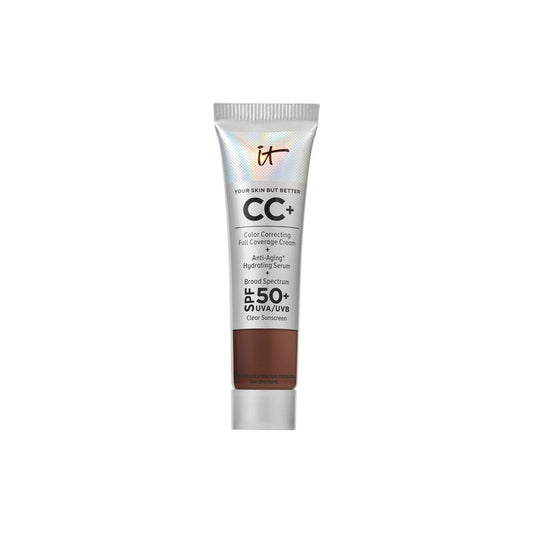 IT Cosmetics CC+ Cream Travel (Deep Bronze) - Natural Full Coverage Foundation With SPF 50+, Color Corrector & Anti-Aging Hydrating Serum, Hyaluronic Acid + Peptides, Up To 24H Wear - 0.4 fl oz