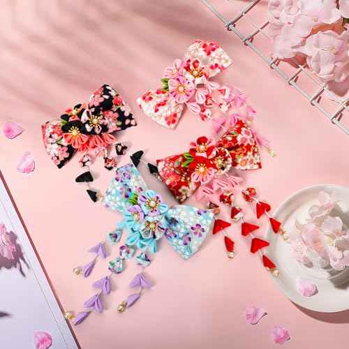 1pcs Japanese Style Hair Clips, Bowknot Tassel Hair Accessories Flower Kimono Traditional Hairpins Barrette Cherry Blossom Hair Clamp Bride Hanfu Accessory for Womens (Blue)