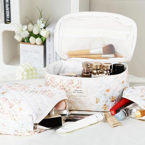 Quilted Makeup Bag Set - 3 PCS Cute Floral Cotton Makeup Bag, Large Coquette Aesthetic Make up Cosmetic Bag, Flower Travel Toiletry Organizer Bags for Women Girls