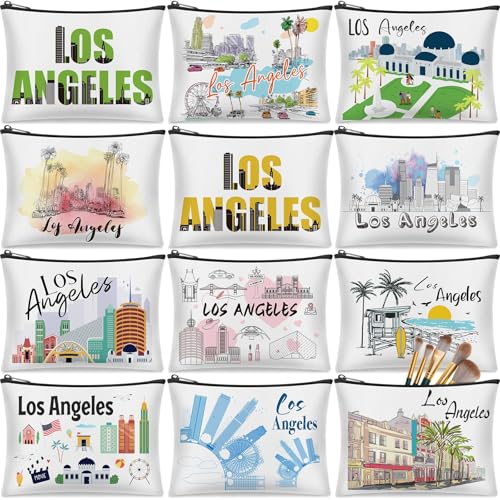 Reginary 12 Pcs Los Angeles Souvenirs Canvas Cosmetic Bag Watercolor Los Angeles City Souvenir Gift Women Travel Gifts Grocery Christmas Party Favors