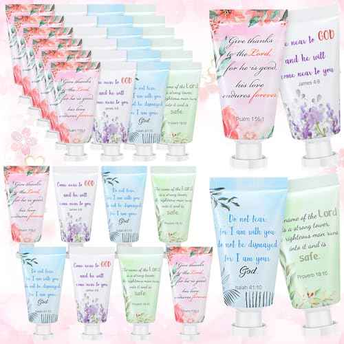 Landhoow 48 Pack Christian Hand Cream Bulk for Women Breast Cancer Accessories Bible Travel Hand Lotion Set Religious Back to School Bible Verse Gift for Church VBS School Teacher Wedding Homeless